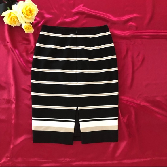 White House Black Market (WHBM) Tan and White Stripped Black Ponté Pencil Skirt - Picture 5 of 10